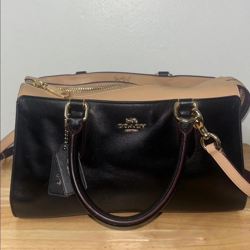 Coach X Selena Gomez Colorblock Satchel Crossbody Bag Purse Leather Black Tan